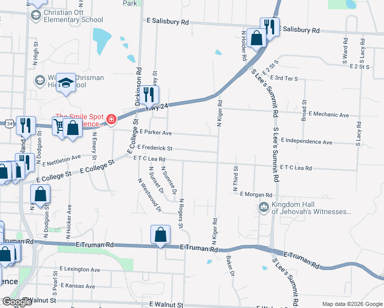map of restaurants, bars, coffee shops, grocery stores, and more near 1134 East T C Lea Road in Independence