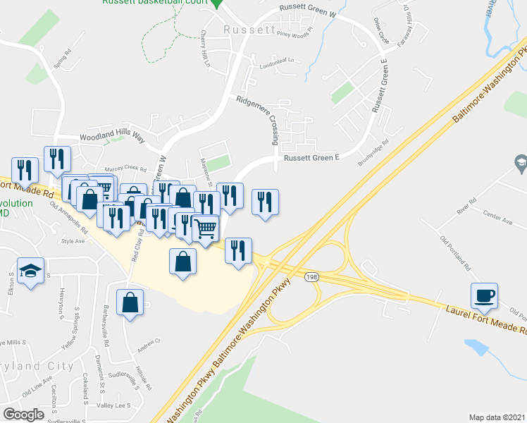 map of restaurants, bars, coffee shops, grocery stores, and more near 3549 Russett Green in Laurel