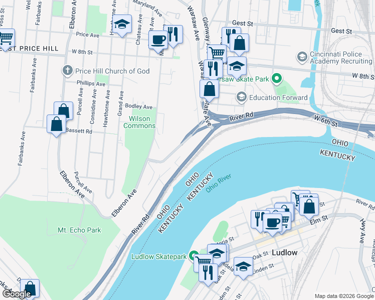 map of restaurants, bars, coffee shops, grocery stores, and more near 2440 Galvin Avenue in Cincinnati