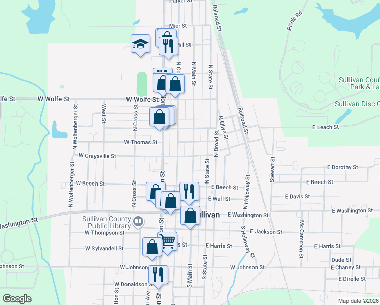 map of restaurants, bars, coffee shops, grocery stores, and more near 2-20 E Cochran St in Sullivan