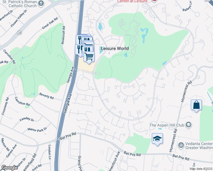 map of restaurants, bars, coffee shops, grocery stores, and more near 3630 Gleneagles Drive in Silver Spring
