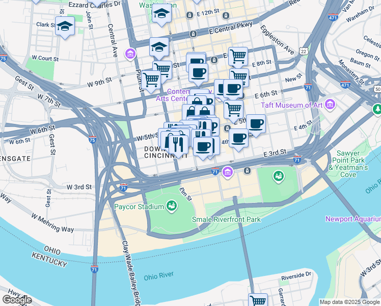 map of restaurants, bars, coffee shops, grocery stores, and more near 105 West 4th Street in Cincinnati