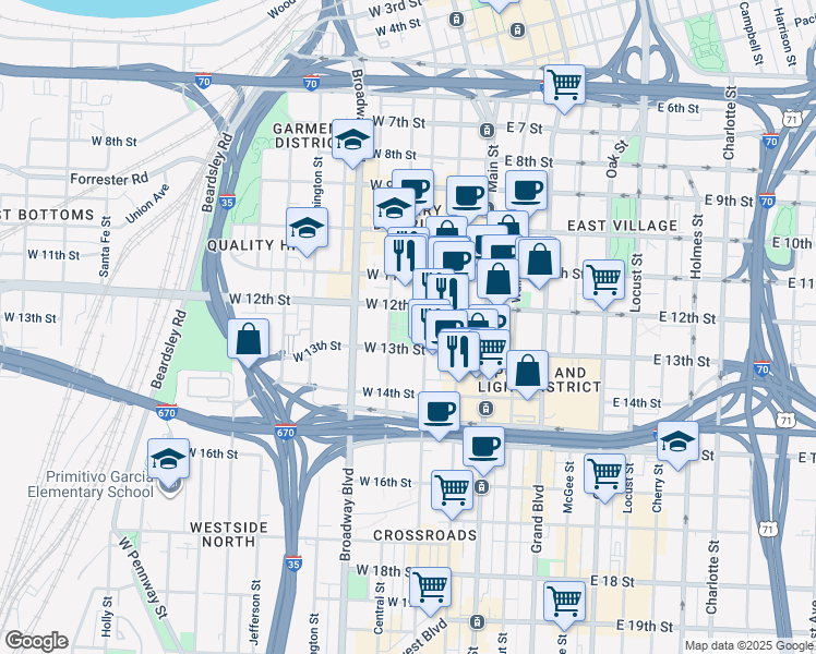 map of restaurants, bars, coffee shops, grocery stores, and more near 1299 Central St in Kansas City