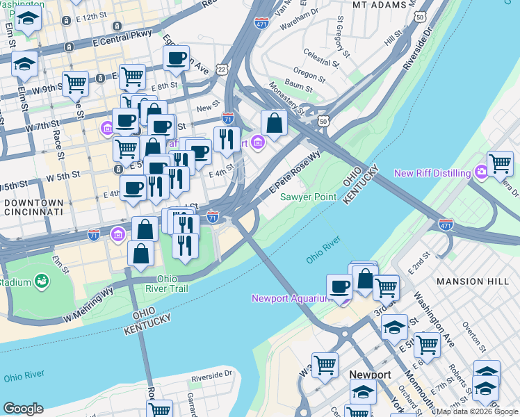 map of restaurants, bars, coffee shops, grocery stores, and more near 472 East Pete Rose Way in Cincinnati