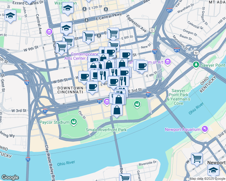 map of restaurants, bars, coffee shops, grocery stores, and more near 116 East 3rd Street in Cincinnati