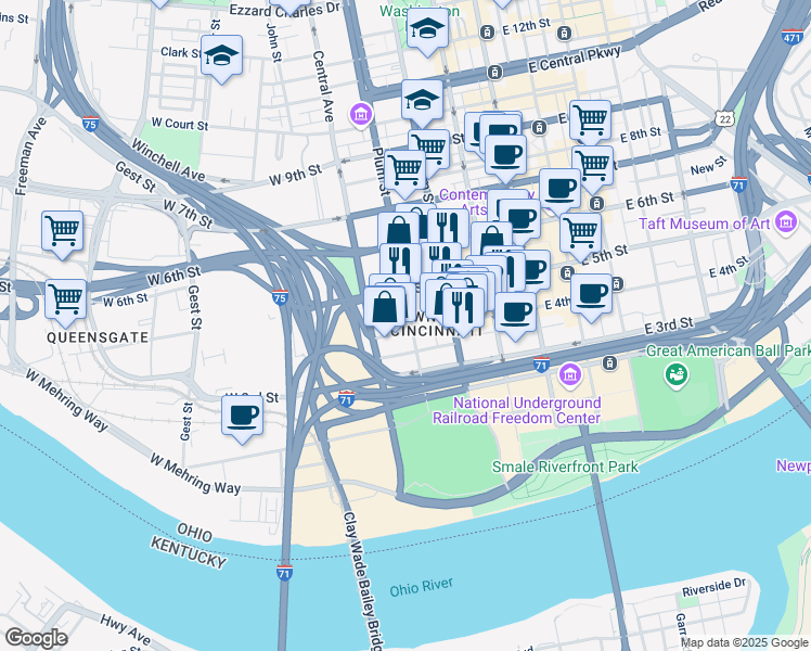 map of restaurants, bars, coffee shops, grocery stores, and more near 305 West 4th Street in Cincinnati