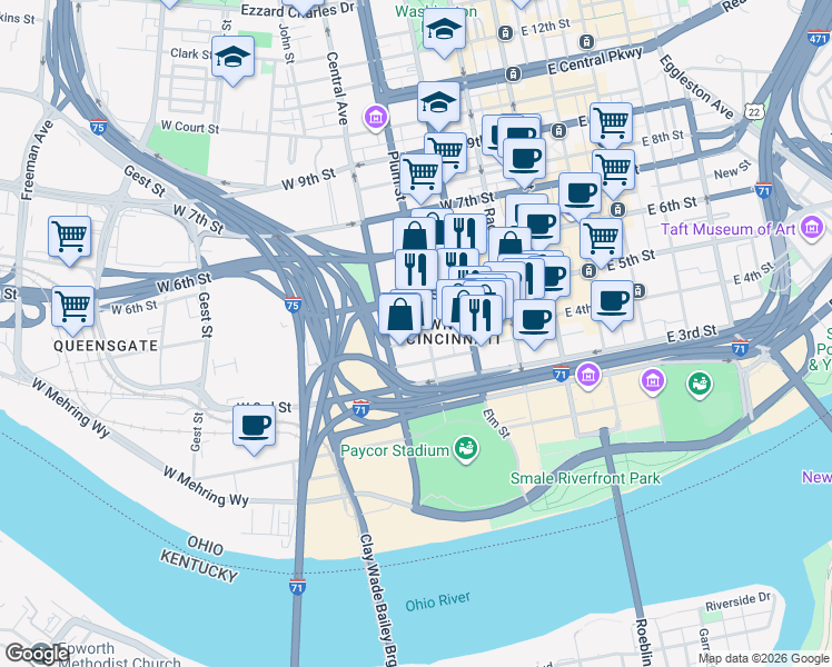 map of restaurants, bars, coffee shops, grocery stores, and more near 305 West 4th Street in Cincinnati