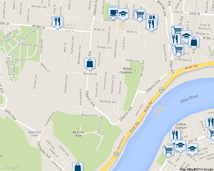 map of restaurants, bars, coffee shops, grocery stores, and more near 436 Considine Avenue in Cincinnati