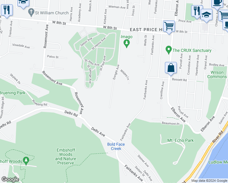 map of restaurants, bars, coffee shops, grocery stores, and more near 530 Enright Avenue in Cincinnati