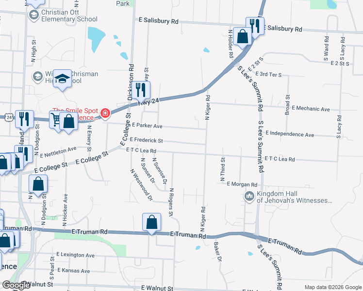 map of restaurants, bars, coffee shops, grocery stores, and more near 1134 East T C Lea Road in Independence