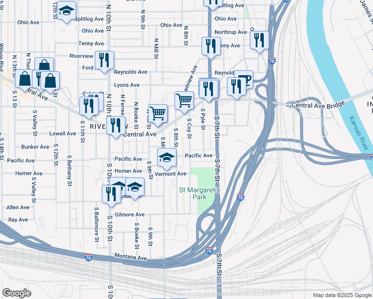 map of restaurants, bars, coffee shops, grocery stores, and more near 764 Pacific Avenue in Kansas City