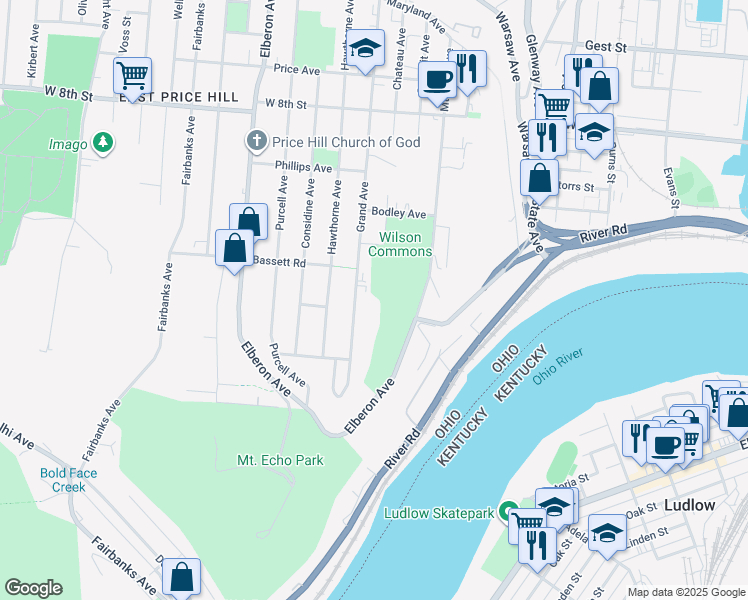 map of restaurants, bars, coffee shops, grocery stores, and more near 456 Grand Avenue in Cincinnati