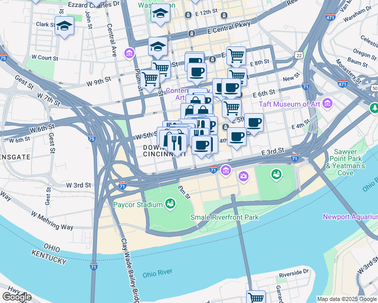 map of restaurants, bars, coffee shops, grocery stores, and more near 321 Race Street in Cincinnati