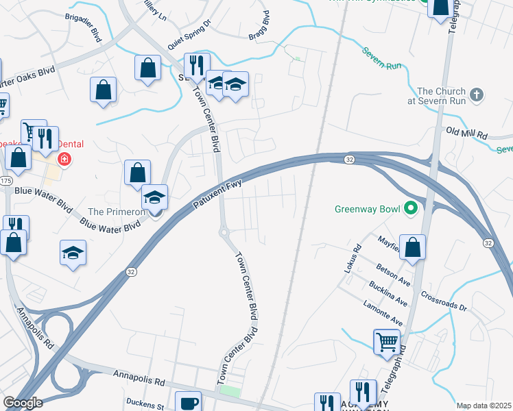 map of restaurants, bars, coffee shops, grocery stores, and more near 2033 Hinshaw Drive in Odenton