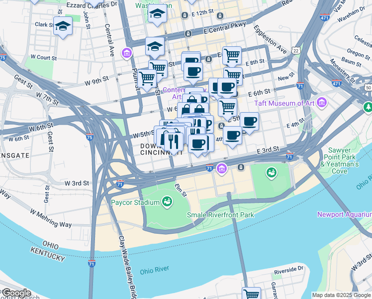 map of restaurants, bars, coffee shops, grocery stores, and more near 101 West 4th Street in Cincinnati