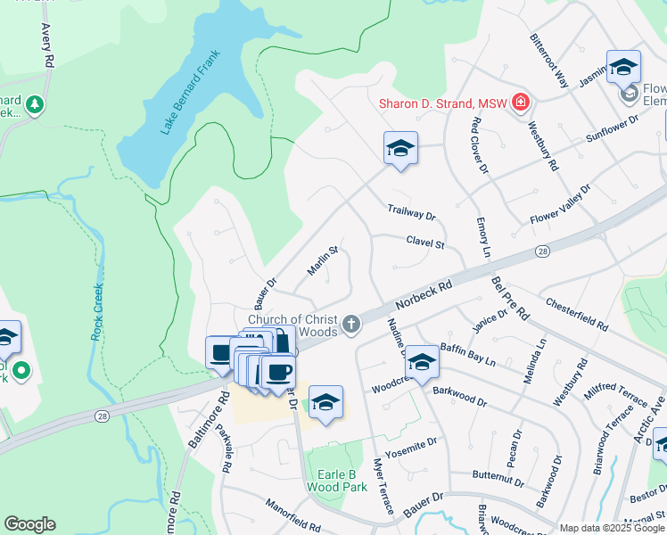 map of restaurants, bars, coffee shops, grocery stores, and more near 14813 Marlin Terrace in Rockville
