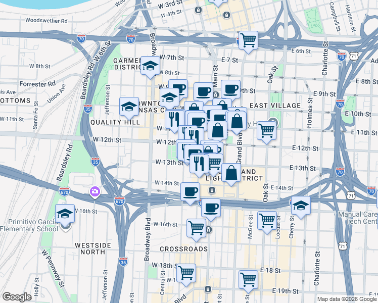 map of restaurants, bars, coffee shops, grocery stores, and more near 1215 Wyandotte Street in Kansas City