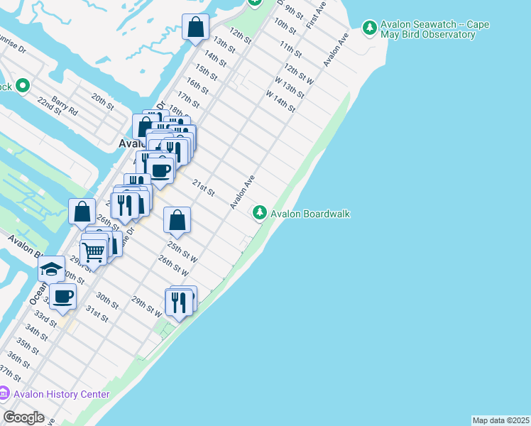 map of restaurants, bars, coffee shops, grocery stores, and more near 94 East 21st Street in Avalon