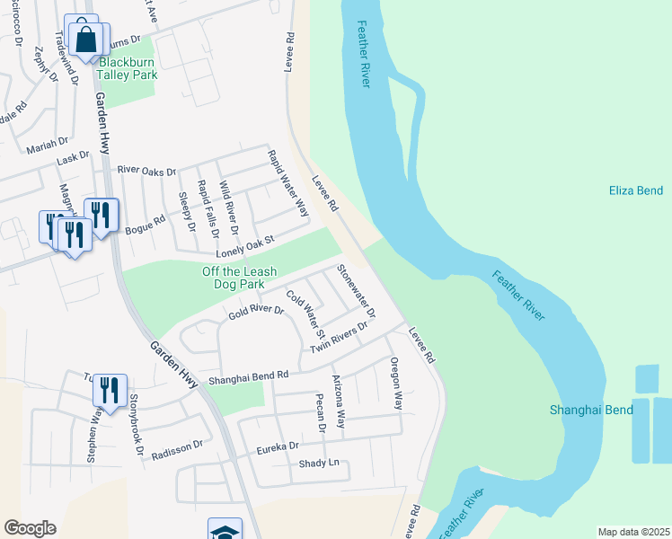 map of restaurants, bars, coffee shops, grocery stores, and more near 2120 Stonewater Drive in Yuba City