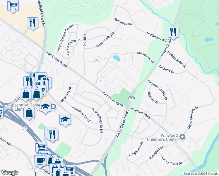 map of restaurants, bars, coffee shops, grocery stores, and more near 1542 Kinnaird Terrace Northeast in Leesburg