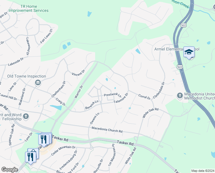 map of restaurants, bars, coffee shops, grocery stores, and more near 214 Kintyre Lane in Stephens City