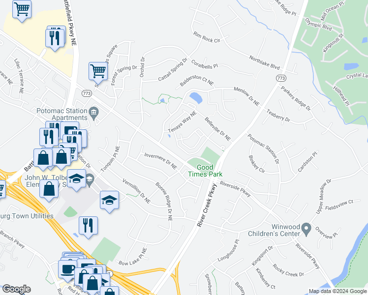 map of restaurants, bars, coffee shops, grocery stores, and more near 1542 Kinnaird Terrace Northeast in Leesburg