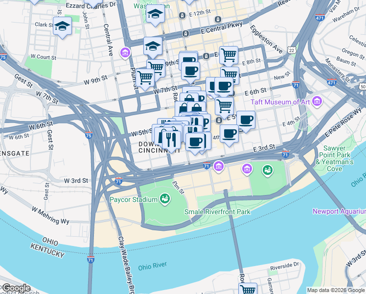 map of restaurants, bars, coffee shops, grocery stores, and more near 321 Race Street in Cincinnati