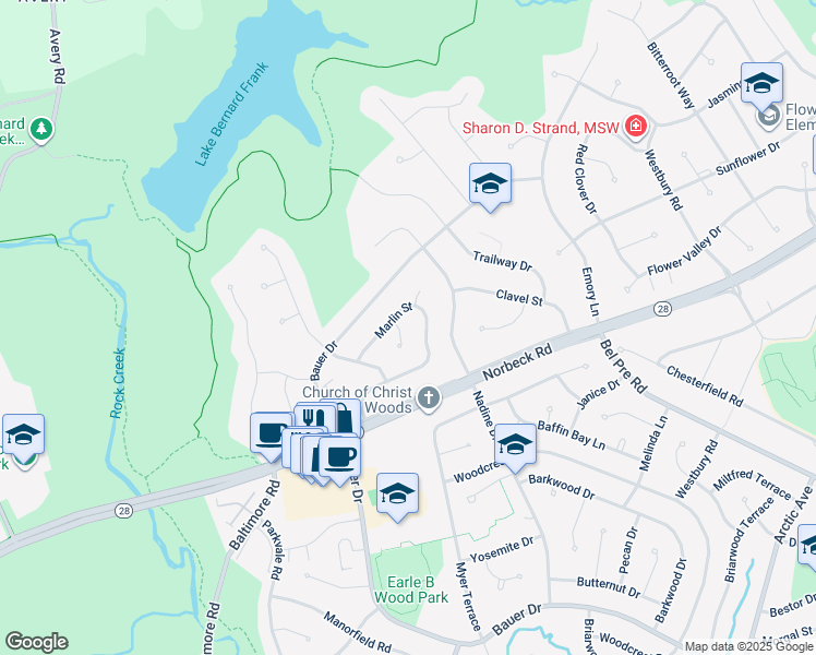 map of restaurants, bars, coffee shops, grocery stores, and more near 14813 Marlin Terrace in Rockville