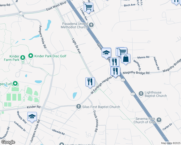 map of restaurants, bars, coffee shops, grocery stores, and more near 89 Chestnut Hill Avenue in Severna Park