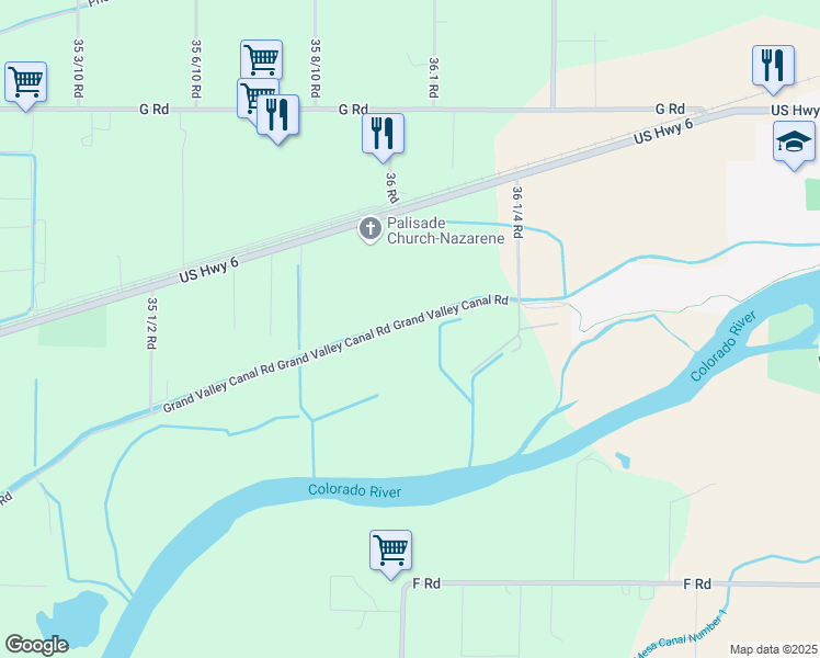 map of restaurants, bars, coffee shops, grocery stores, and more near 3603 Grand Valley Canal Road in Palisade