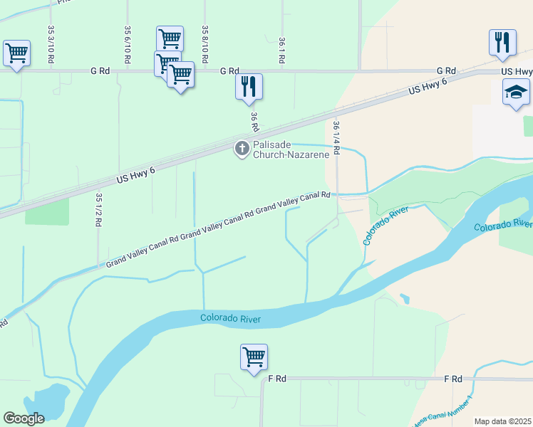 map of restaurants, bars, coffee shops, grocery stores, and more near 3603 Grand Valley Canal Road in Palisade