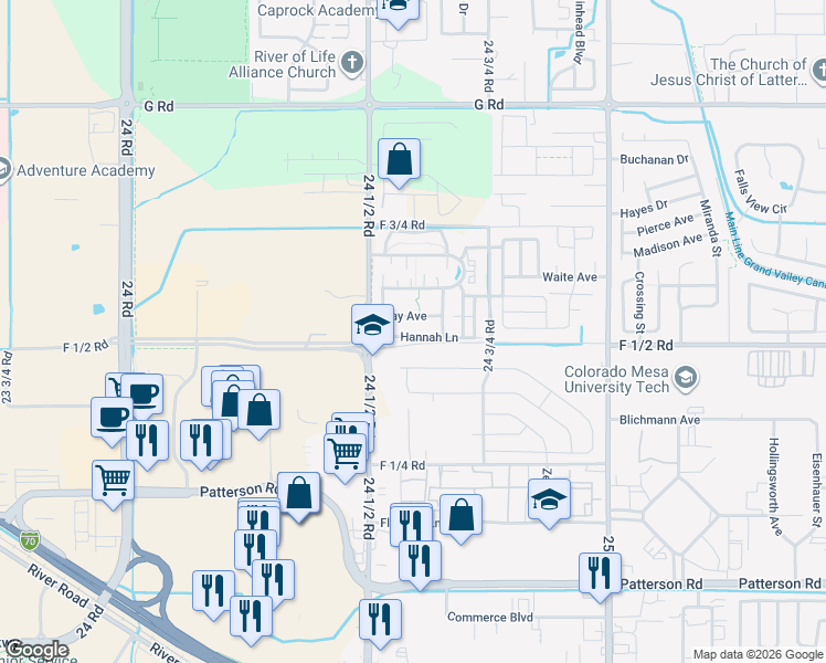 map of restaurants, bars, coffee shops, grocery stores, and more near 645 Tammera Lane in Grand Junction