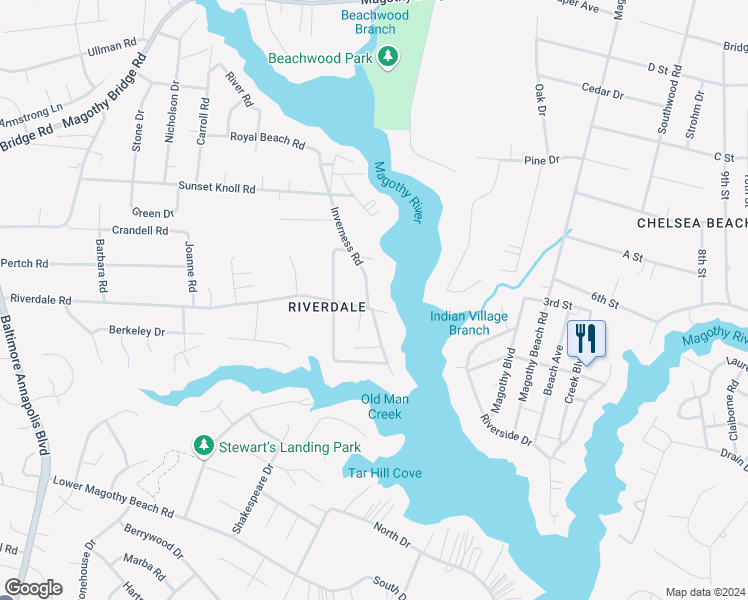 map of restaurants, bars, coffee shops, grocery stores, and more near 442 Riverdale Road in Severna Park