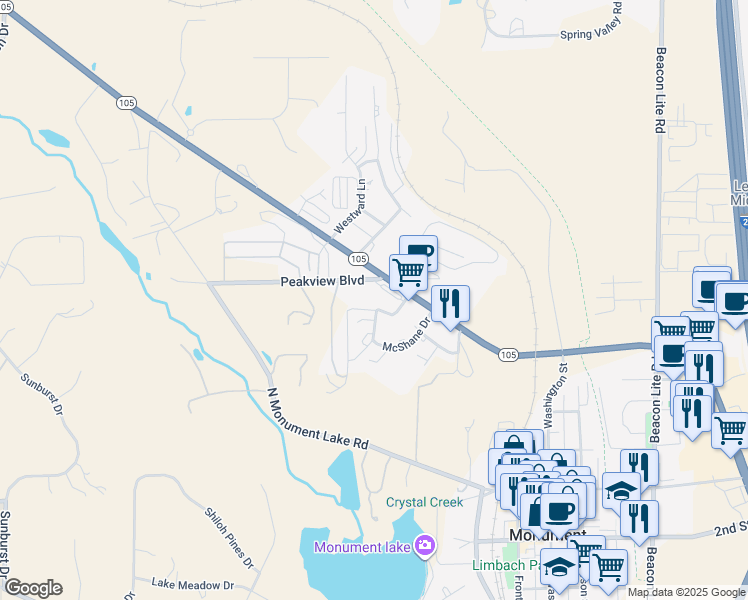 map of restaurants, bars, coffee shops, grocery stores, and more near 639 Roberts Drive in Monument