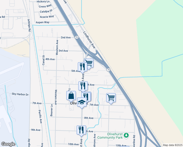 map of restaurants, bars, coffee shops, grocery stores, and more near 5017 Olivehurst Avenue in Olivehurst