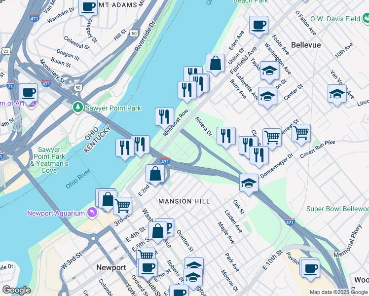 map of restaurants, bars, coffee shops, grocery stores, and more near 631 3rd Street in Newport