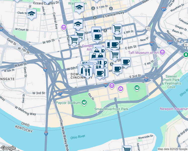 map of restaurants, bars, coffee shops, grocery stores, and more near 321 Race Street in Cincinnati