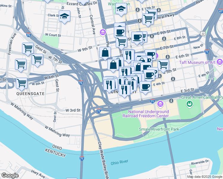 map of restaurants, bars, coffee shops, grocery stores, and more near 713 West 4th Street in Cincinnati