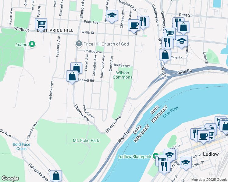 map of restaurants, bars, coffee shops, grocery stores, and more near 444 Grand Avenue in Cincinnati