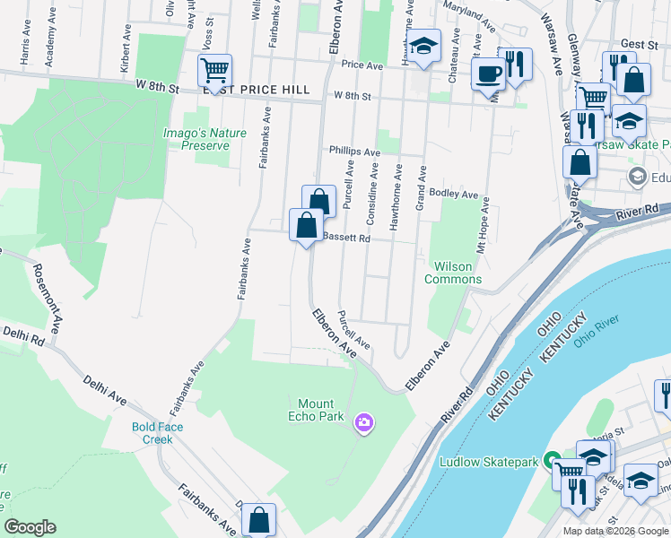 map of restaurants, bars, coffee shops, grocery stores, and more near 439 Purcell Avenue in Cincinnati