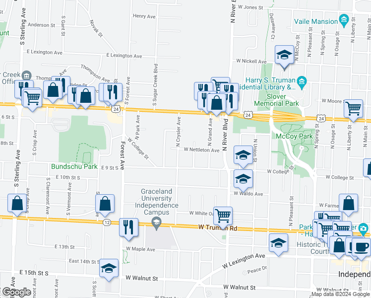 map of restaurants, bars, coffee shops, grocery stores, and more near 717 North Crysler Avenue in Independence