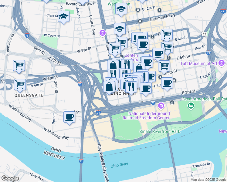 map of restaurants, bars, coffee shops, grocery stores, and more near 305 West 4th Street in Cincinnati