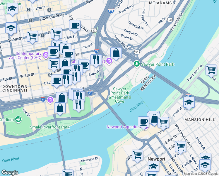 map of restaurants, bars, coffee shops, grocery stores, and more near 621 East Mehring Way in Cincinnati