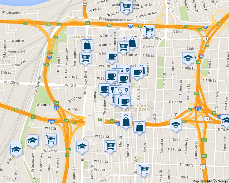 map of restaurants, bars, coffee shops, grocery stores, and more near 1221 Baltimore Avenue in Kansas City