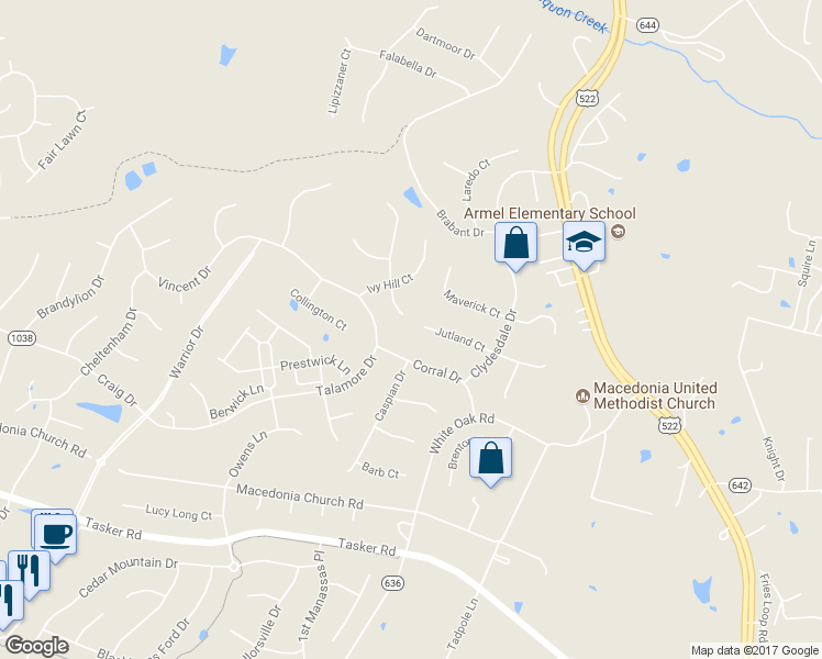 map of restaurants, bars, coffee shops, grocery stores, and more near 119 Jutland Court in Stephens City