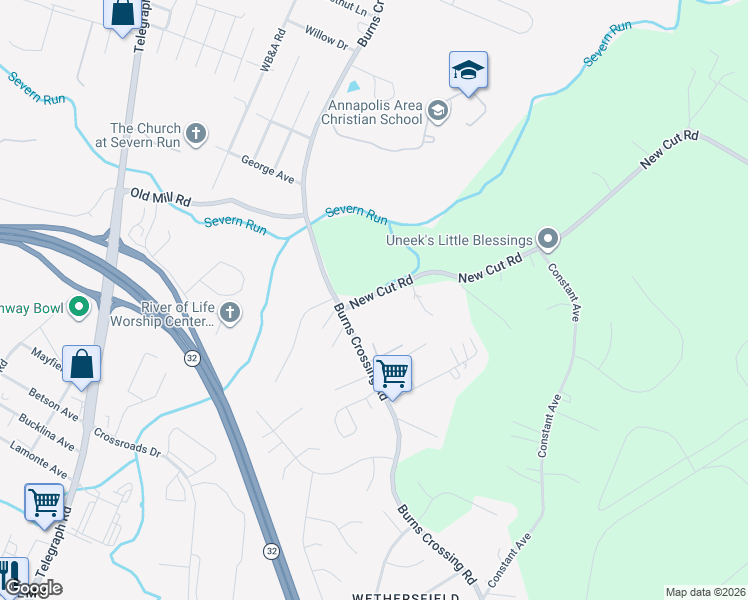 map of restaurants, bars, coffee shops, grocery stores, and more near 8529 New Cut Road in Severn