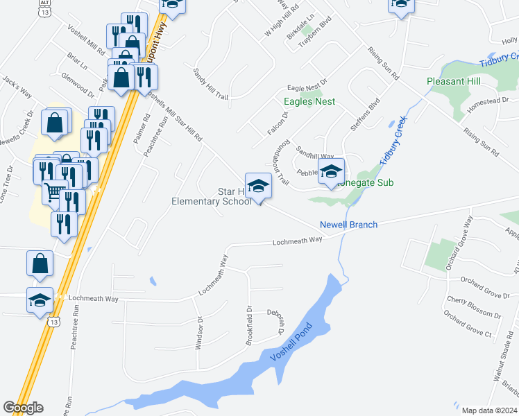 map of restaurants, bars, coffee shops, grocery stores, and more near 594 Voshells Mill Star Hill Road in Dover