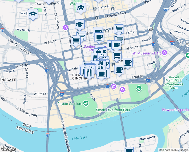 map of restaurants, bars, coffee shops, grocery stores, and more near 105 West 4th Street in Cincinnati