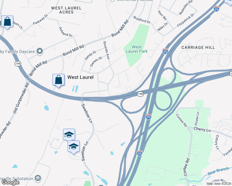 map of restaurants, bars, coffee shops, grocery stores, and more near 6410 Old Sandy Spring Road in Laurel