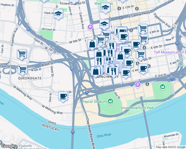 map of restaurants, bars, coffee shops, grocery stores, and more near 713 West 4th Street in Cincinnati